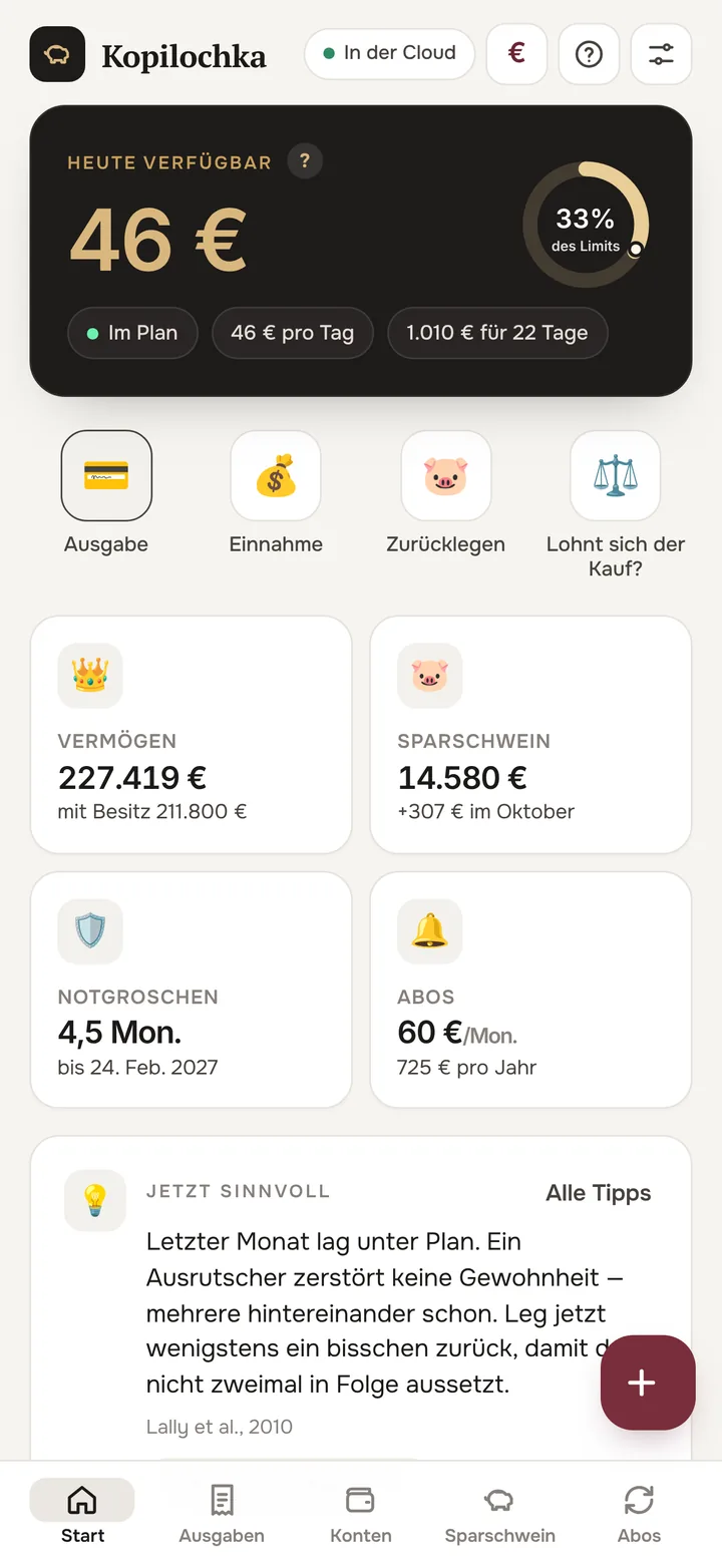 Startbildschirm: wie viel du heute ausgeben kannst
