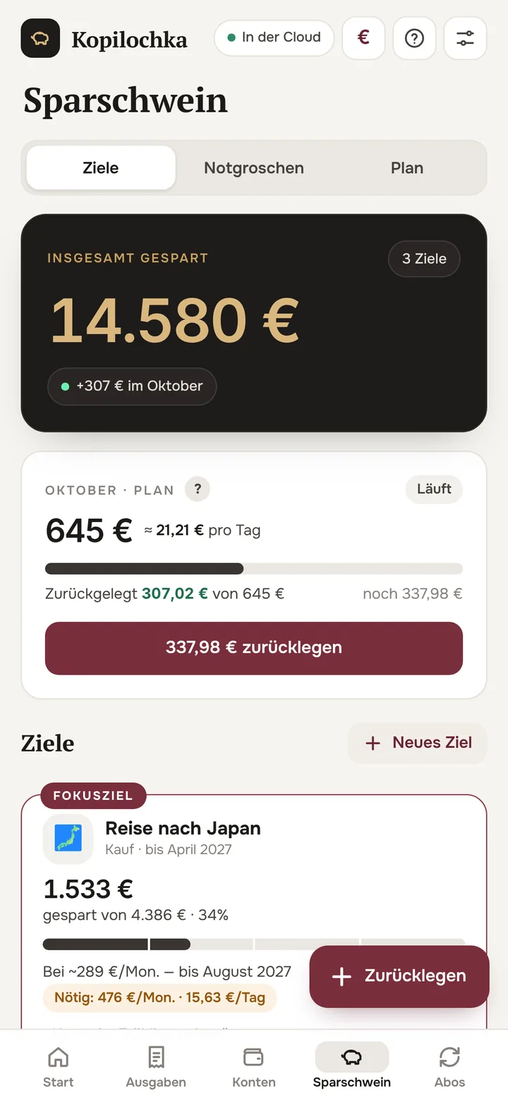 Spar-Bildschirm: Monatsplan und Ziele