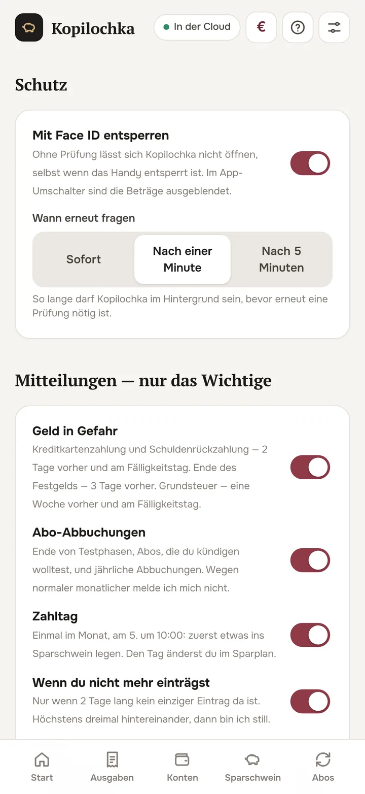 Einstellungen: Face ID und Mitteilungen