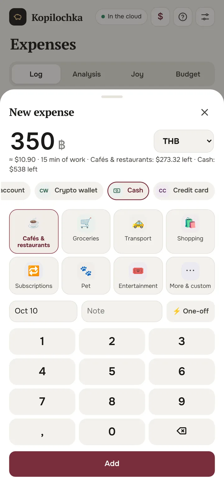New expense of 350 baht converted to dollars