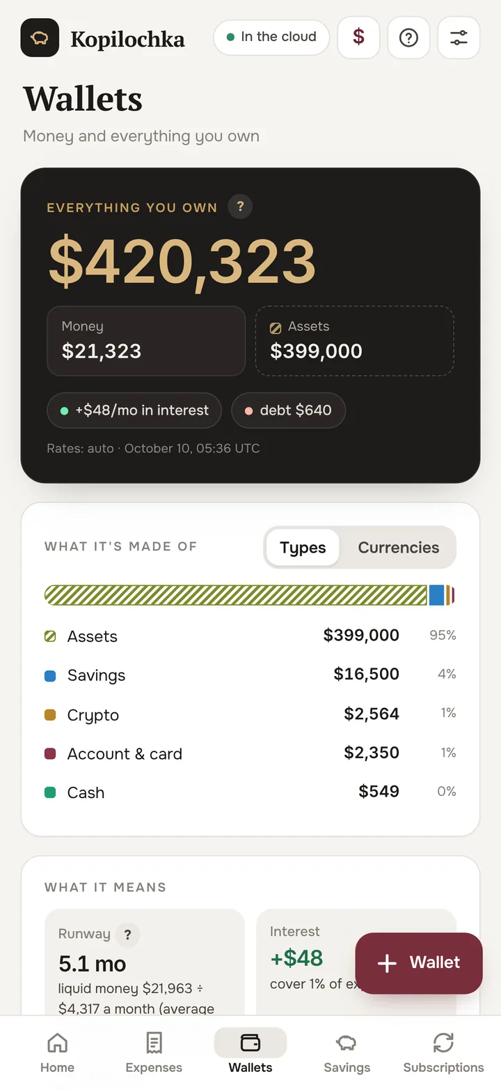 Wallets screen: net worth and its breakdown