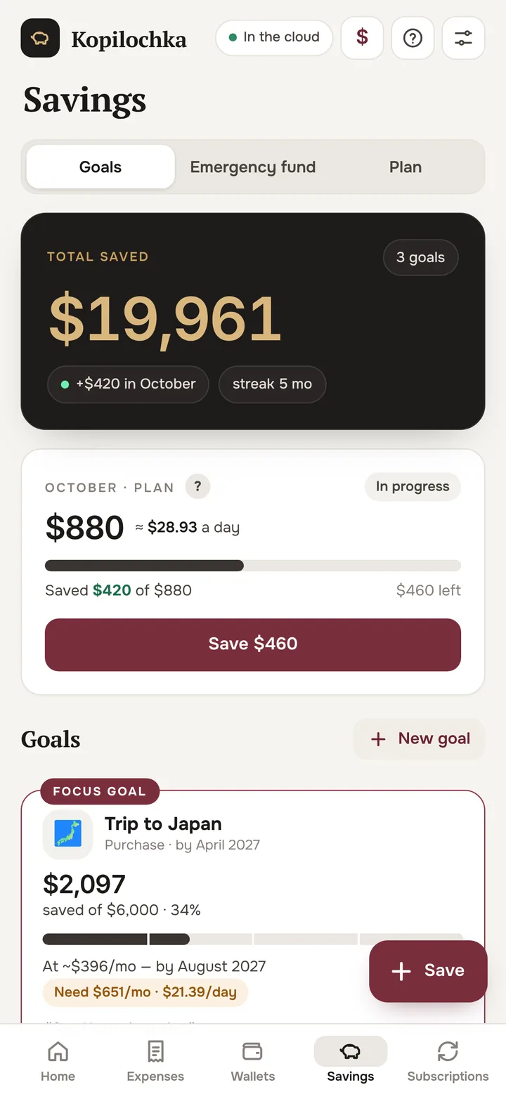 Savings screen: monthly plan and goals