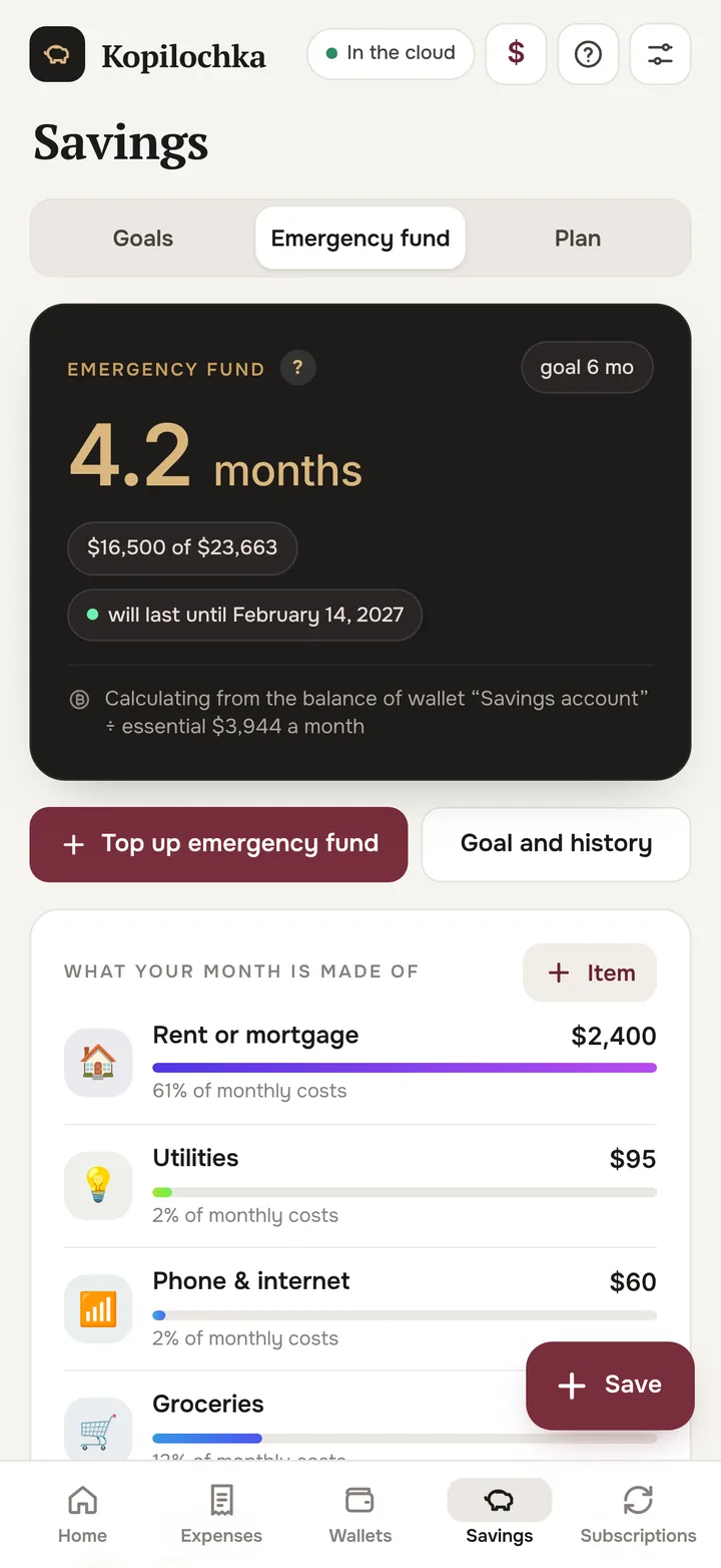 Emergency fund screen: how many years your money lasts