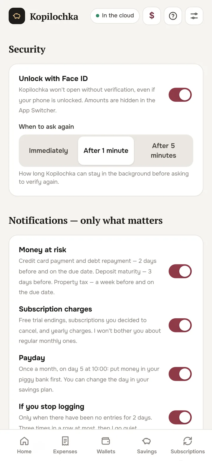 Settings: Face ID and notifications