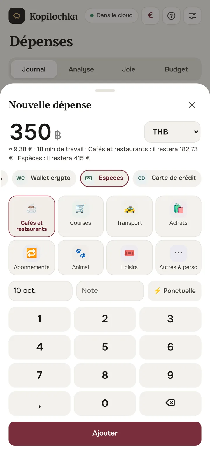 Nouvelle dépense de 350 bahts convertie en dollars