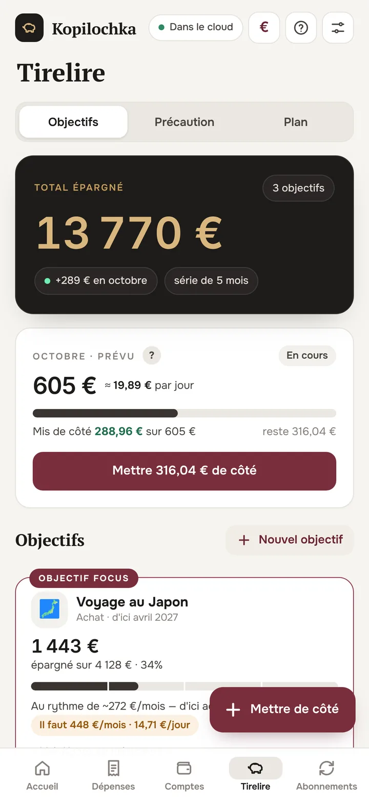 Écran d'épargne : plan mensuel et objectifs