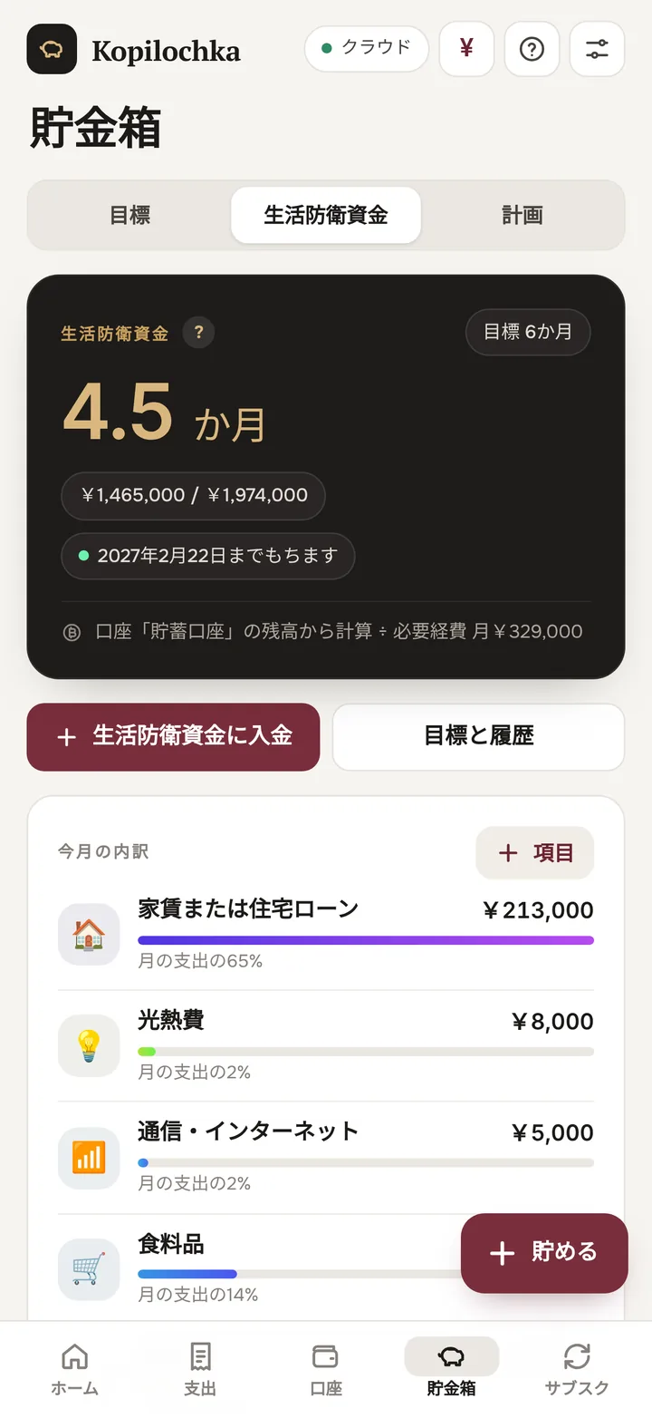 防衛資金の画面:お金が何年もつか