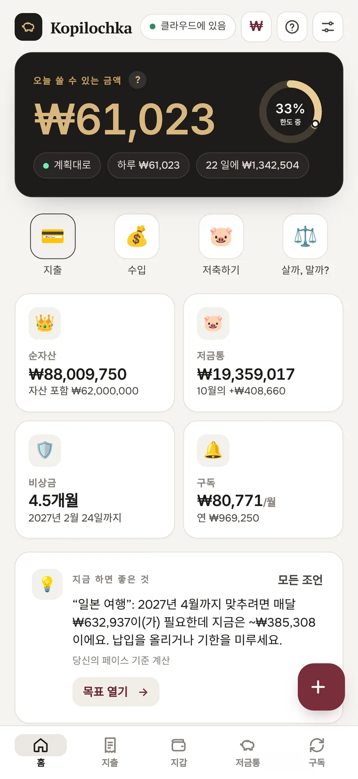 홈 화면: 오늘 얼마나 쓸 수 있는지