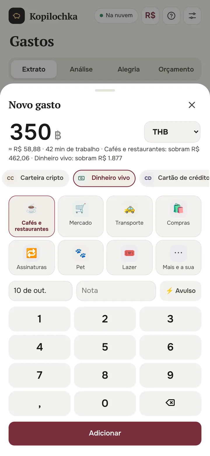 Novo gasto de 350 bahts convertido em dólares