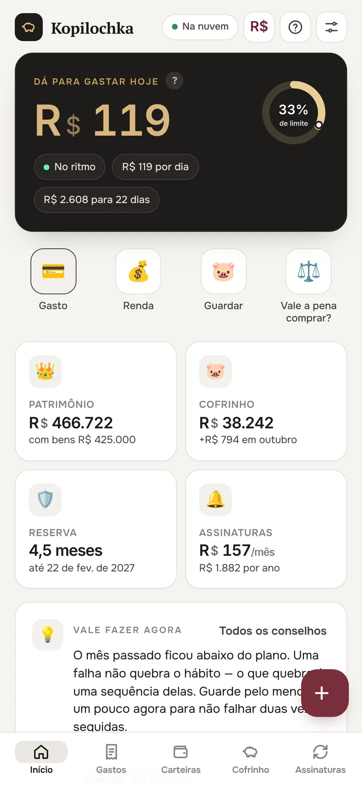 Tela inicial: quanto você pode gastar hoje