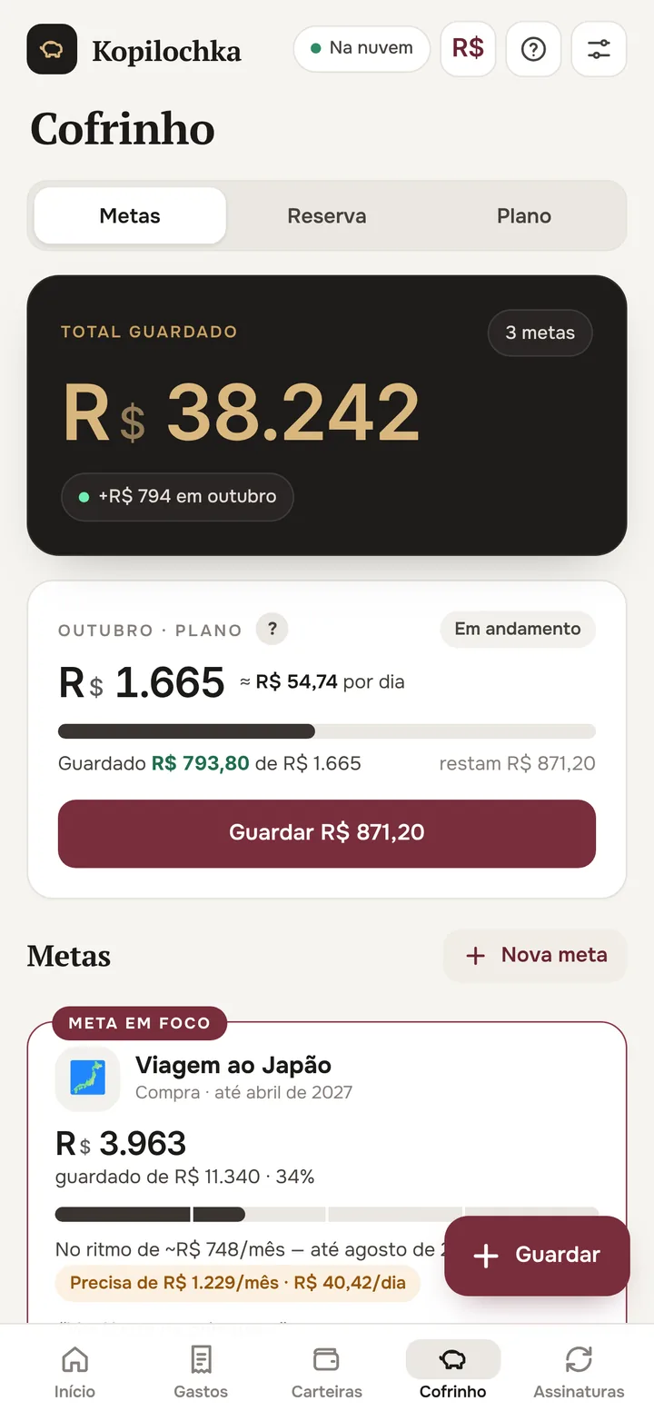 Tela de poupança: plano mensal e metas