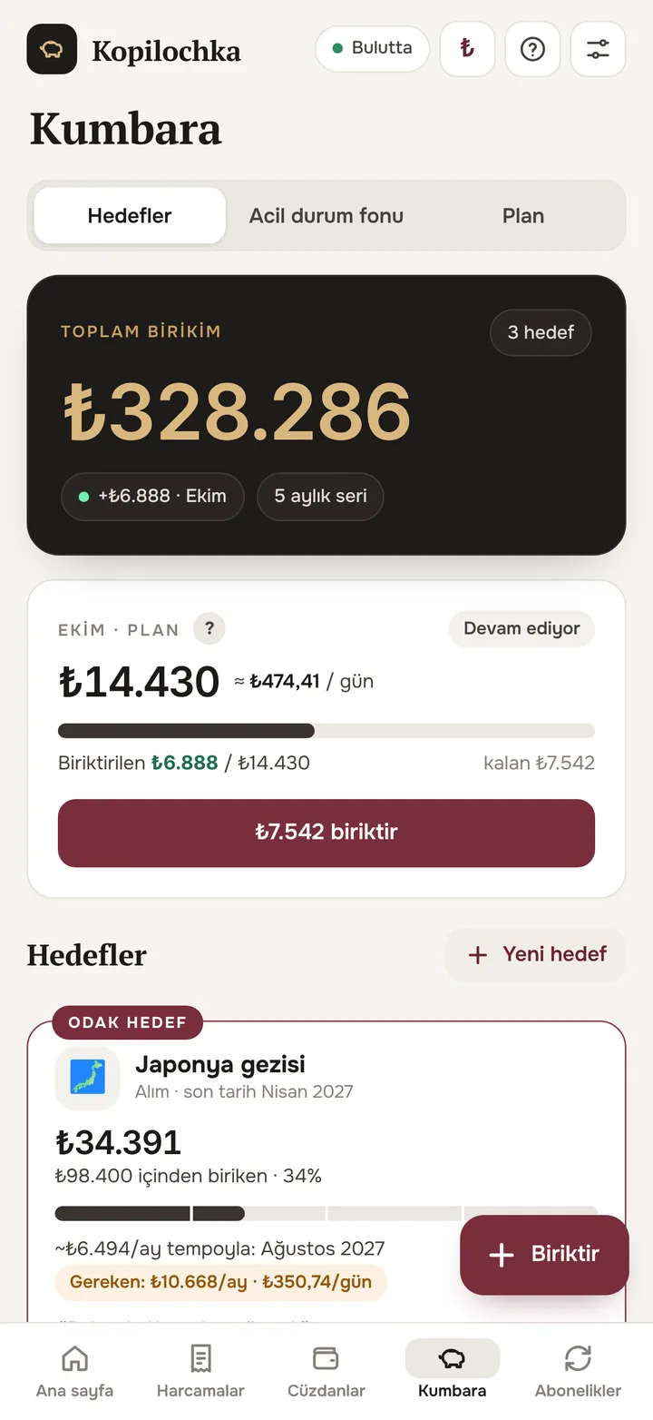 Kumbara ekranı: aylık plan ve hedefler