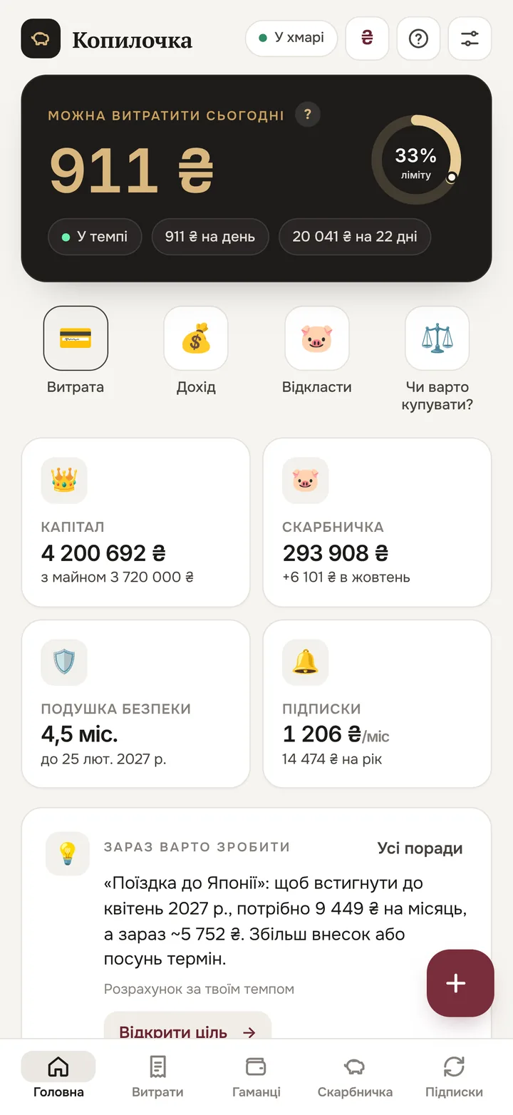 Головний екран: скільки можна витратити сьогодні