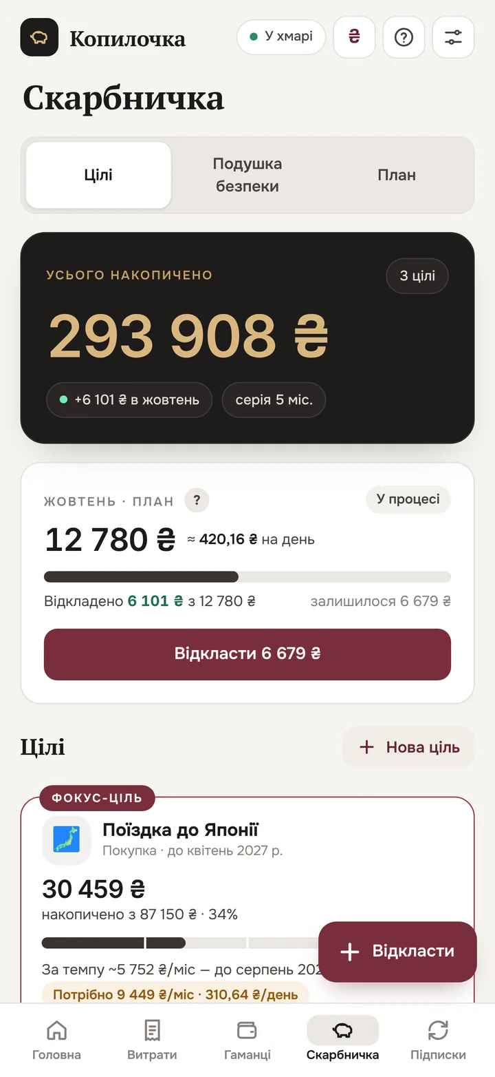 Екран скарбнички: план на місяць і цілі